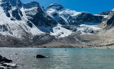 Adi Kailash mountain with Parvati Kund in the foreground in the Himalayas of Uttarakhand